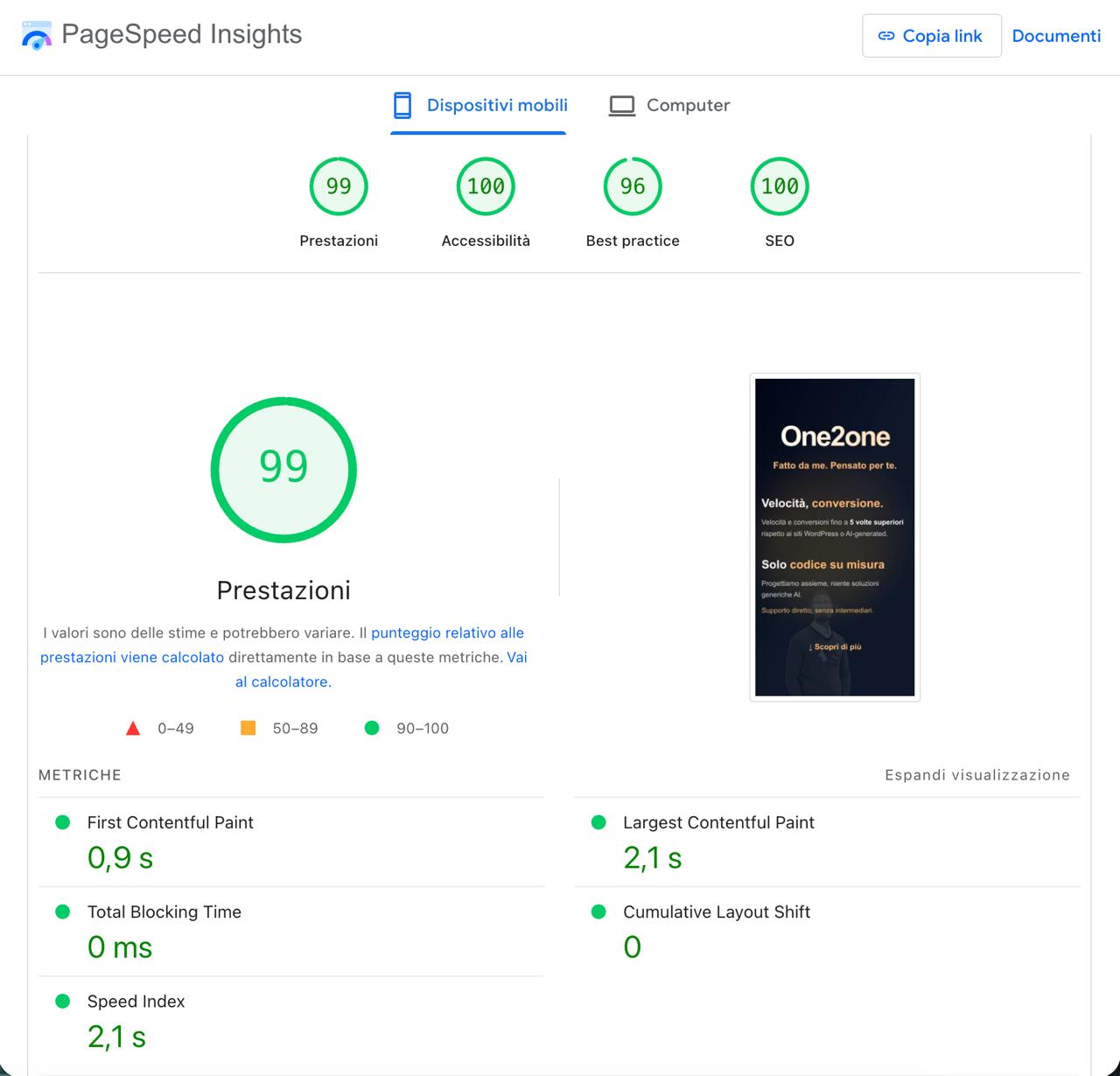Performance test results for Mobile - Google PageSpeed Insights